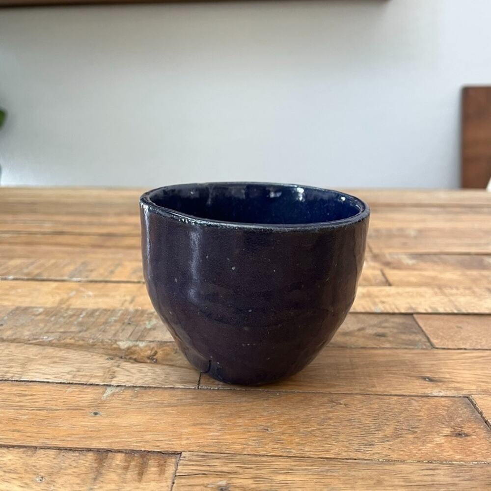 Art Studio Pottery Stoneware Tea Bowl Cobalt Blue Speckled Glaze 3" Tall